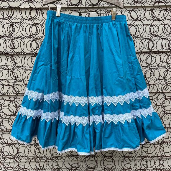 Vintage 80s Malco Modes Teal White Lace Ruffle Circle Skirt Square Dance LARGE - Picture 3 of 9